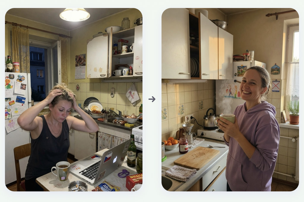 Před a po — zmatená maminka v chaosu versus klidná maminka v uklizené kuchyni