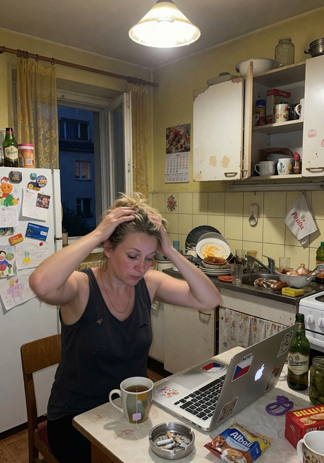 Vytížená maminka po práci v kuchyni — neví, co koupit a co uvařit